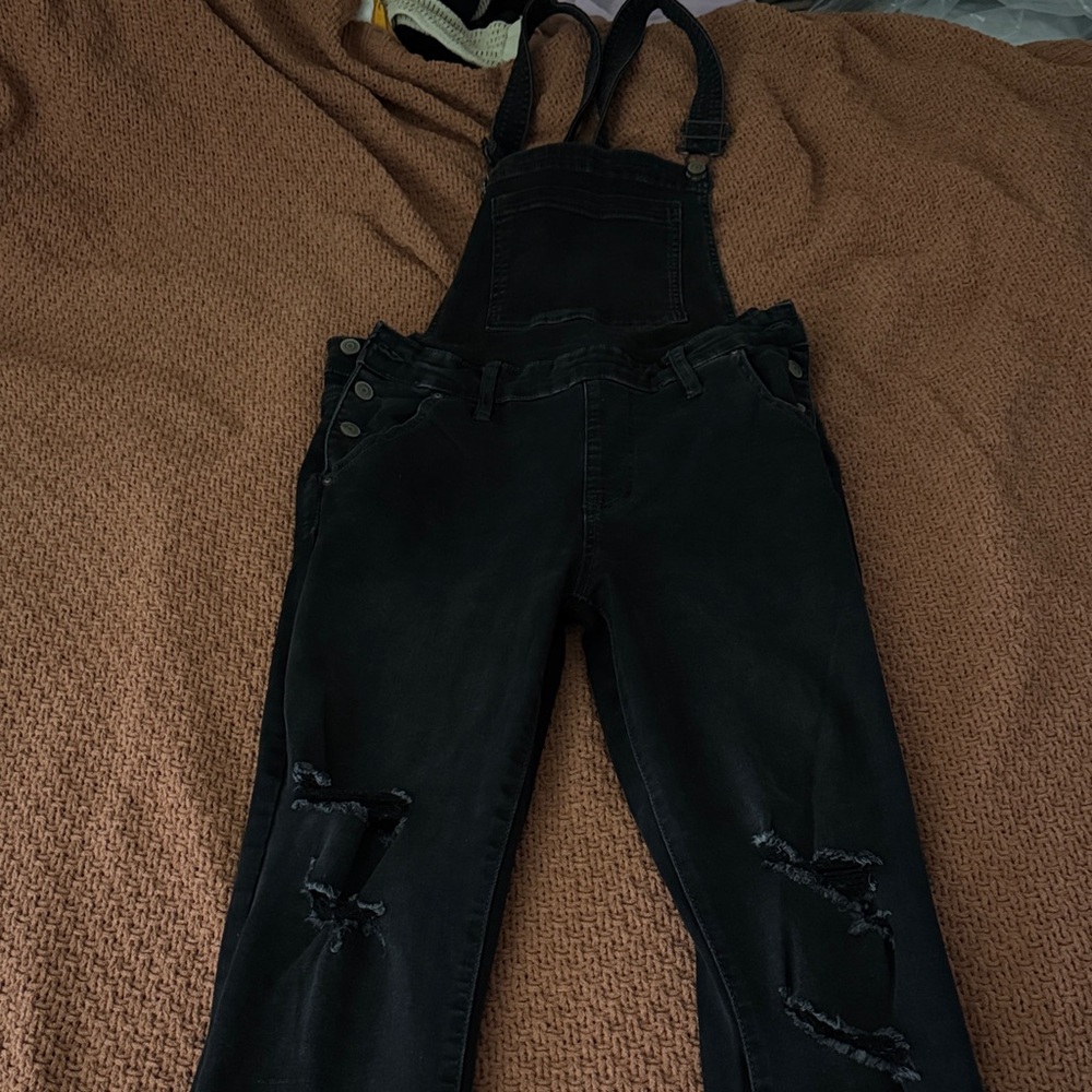Celebrity Pink Black Distressed Denim Overalls